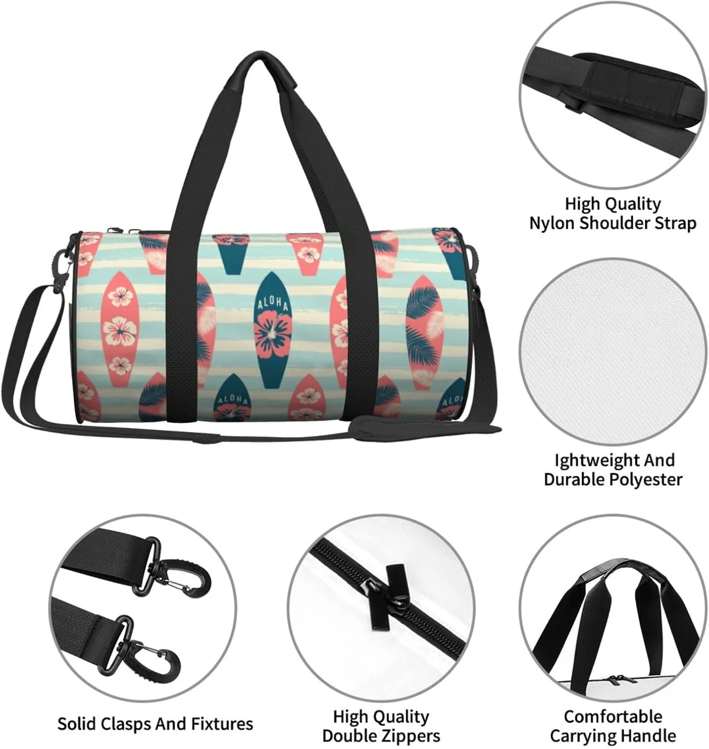Vintage Surf Boards Round Travel Duffel Bag Large Capacity Gym Sports Bags for Hiking Vacation Trips