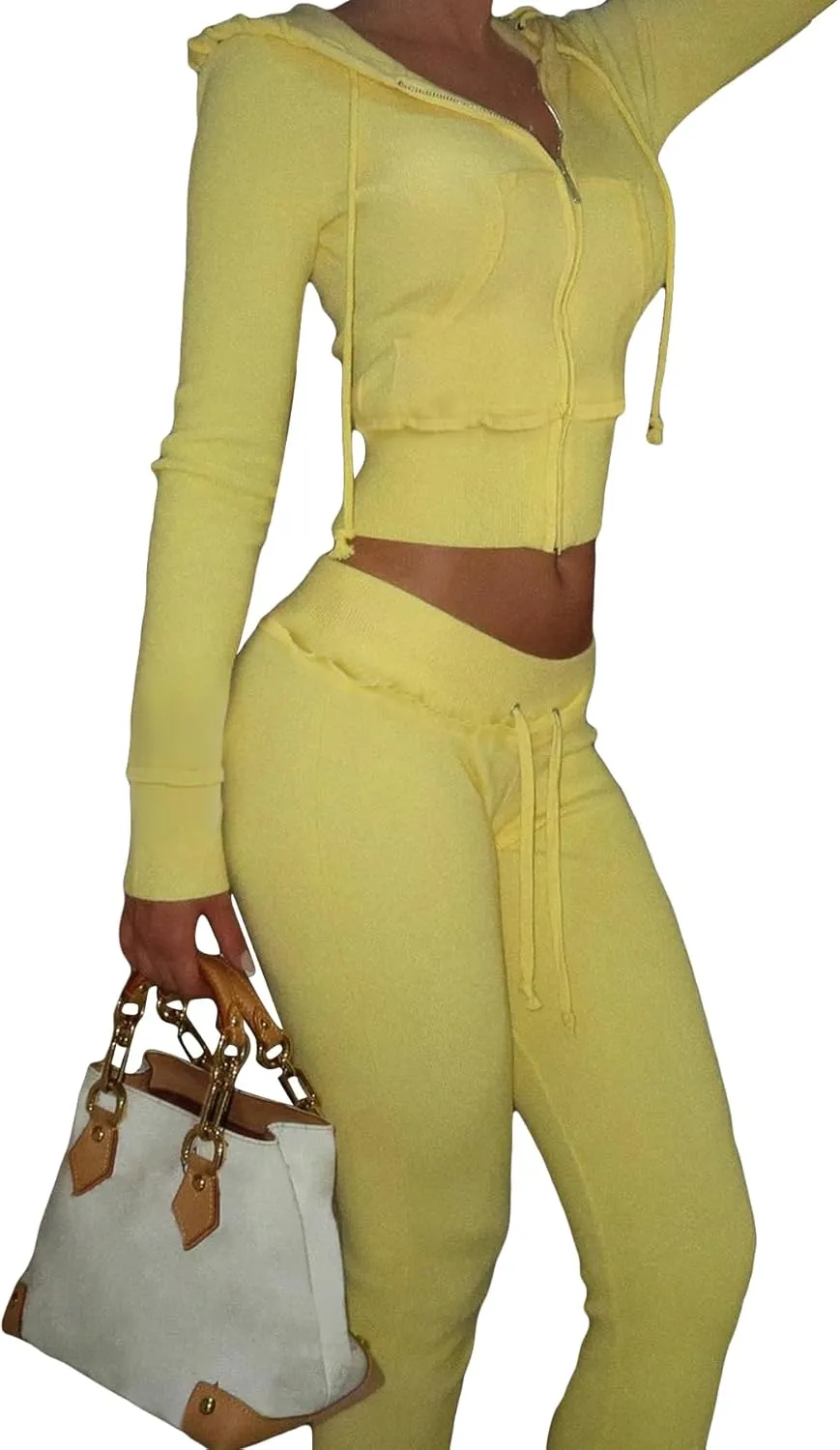 Voghtic Fall Women's 2 Piece Sweatsuits Set Long Sleeve Zip Up Crop Hoodie Jacket Flare Sweatpant Matching Lounge Set