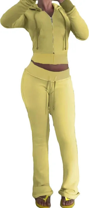 Voghtic Fall Women's 2 Piece Sweatsuits Set Long Sleeve Zip Up Crop Hoodie Jacket Flare Sweatpant Matching Lounge Set