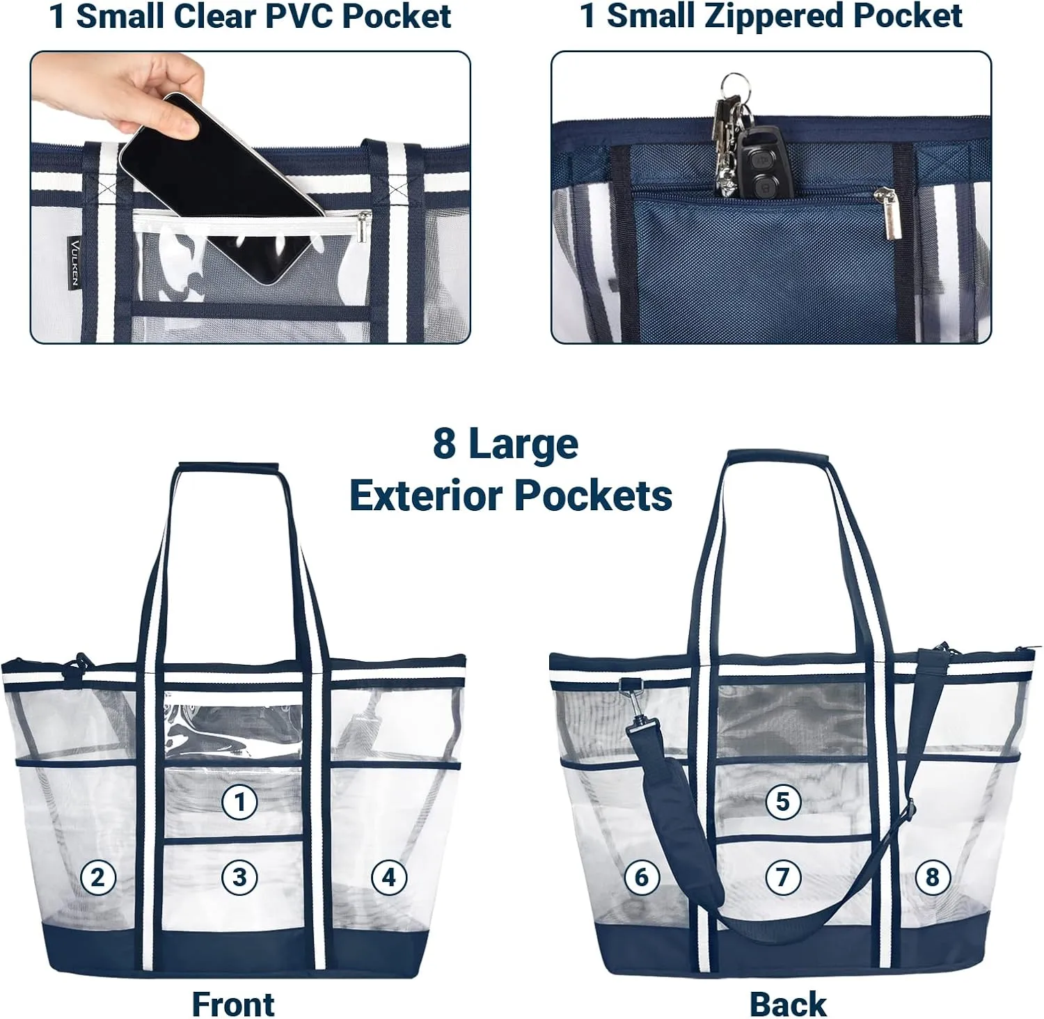 Vulken 42L Extra Large Mesh Beach Bag. 9 Pockets Top Zip Tote Bag Shoulder Bag