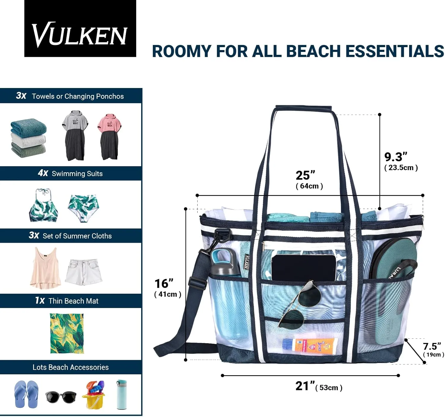 Vulken 42L Extra Large Mesh Beach Bag. 9 Pockets Top Zip Tote Bag Shoulder Bag