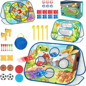 VZO Bean Bags Toss Game, Corn Hole Games for Kids, 3 in 1 Bean Bag Game Sets & Dart Game & Flying Disc Games Outdoor (Dinosaur)