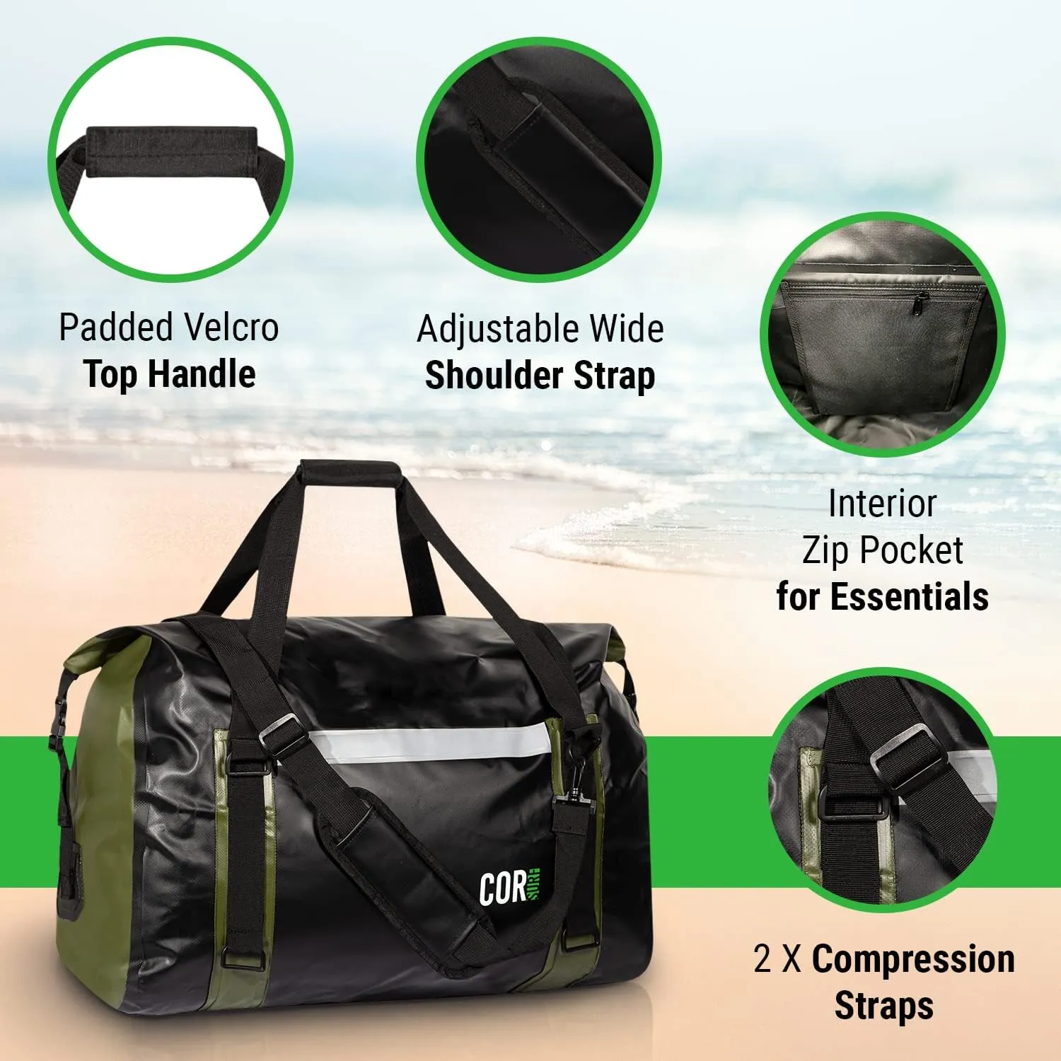 Waterproof Duffel Bag 60L Extra Large | Heavy Duty Dry Duffle Gear Bag with Durable Compression Straps & Handles for Surf Paddle Dive Snowboard Kayak or Motorcycle by Cor Surf