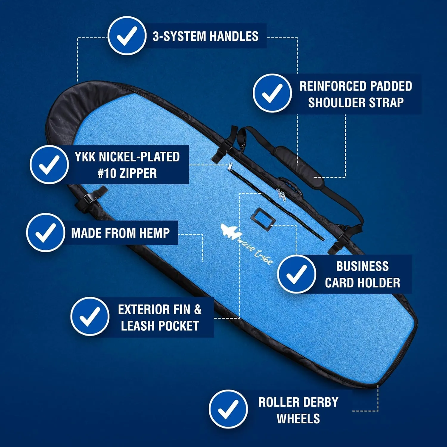 Wave Tribe Hemp Surfboard Travel Bag - Mini Simmons, Shortboard, Longboard Surfboard Bag, 20mm Padding, YKK Zipper, Multiple Pockets, Keeps Boards Cool, Easy Carry Straps, Rated as Best by ESPN