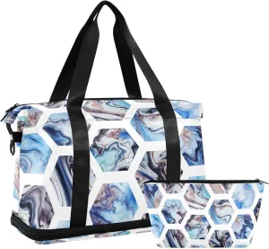 Weekender Bag Set Abstract Hexagonal Marble Texture Sport Travel Duffel Bag Large Tote Bag with Shoe Compartment