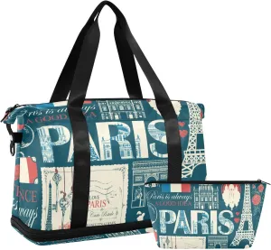 Weekender Bag Set Landmarks in France and Paris Sport Travel Duffel Bag Large Tote Bag with Shoe Compartment