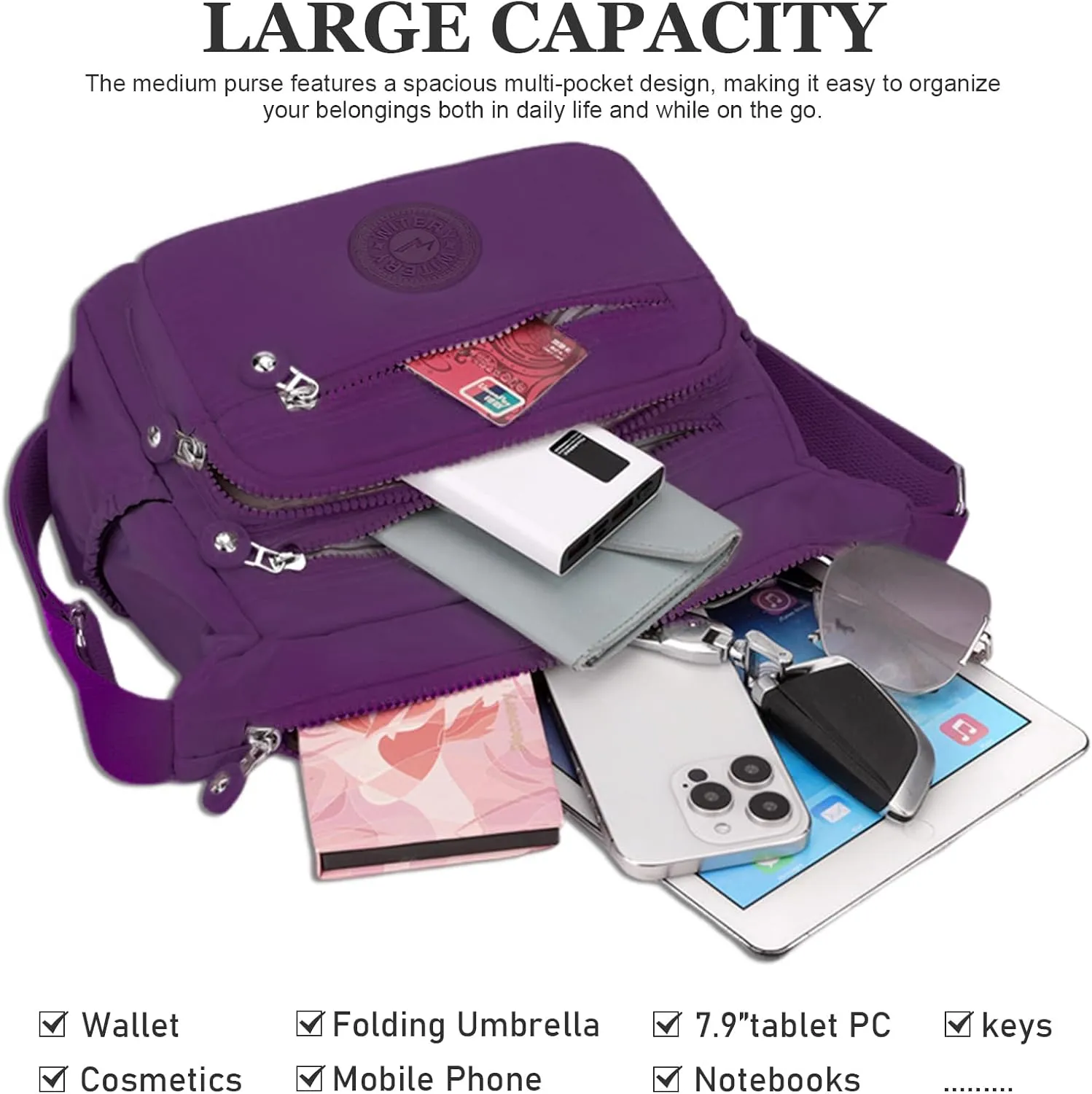 WITERY Nylon Crossboby Bag for Women - Waterproof Zipper Multi-pocket Travel Shoulder Bag Purse, Lightweight Messenger Bag