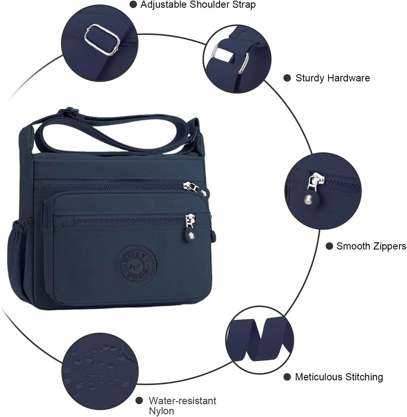 WITERY Nylon Crossboby Bag for Women - Waterproof Zipper Multi-pocket Travel Shoulder Bag Purse, Lightweight Messenger Bag