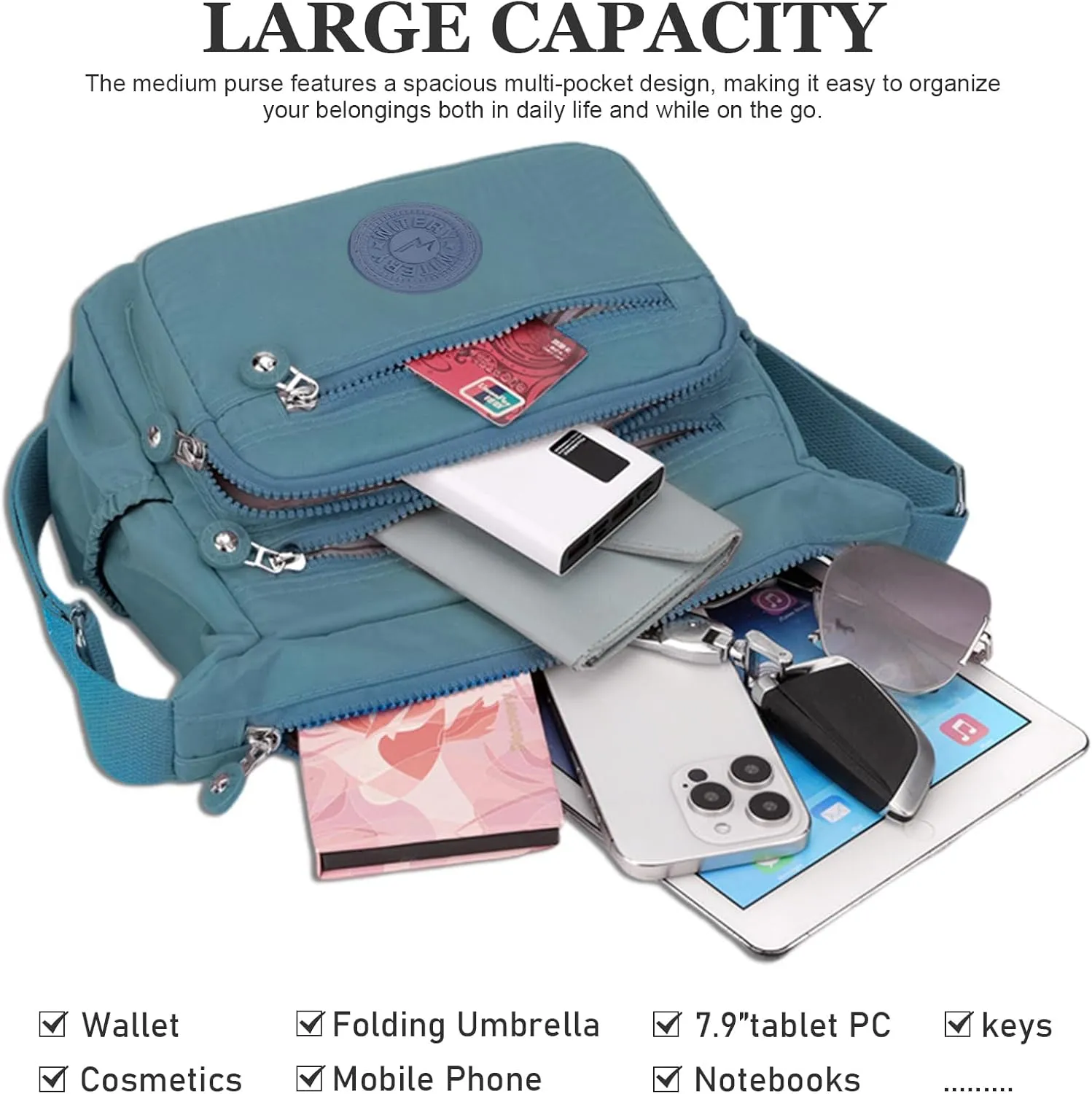 WITERY Nylon Crossboby Bag for Women - Waterproof Zipper Multi-pocket Travel Shoulder Bag Purse, Lightweight Messenger Bag