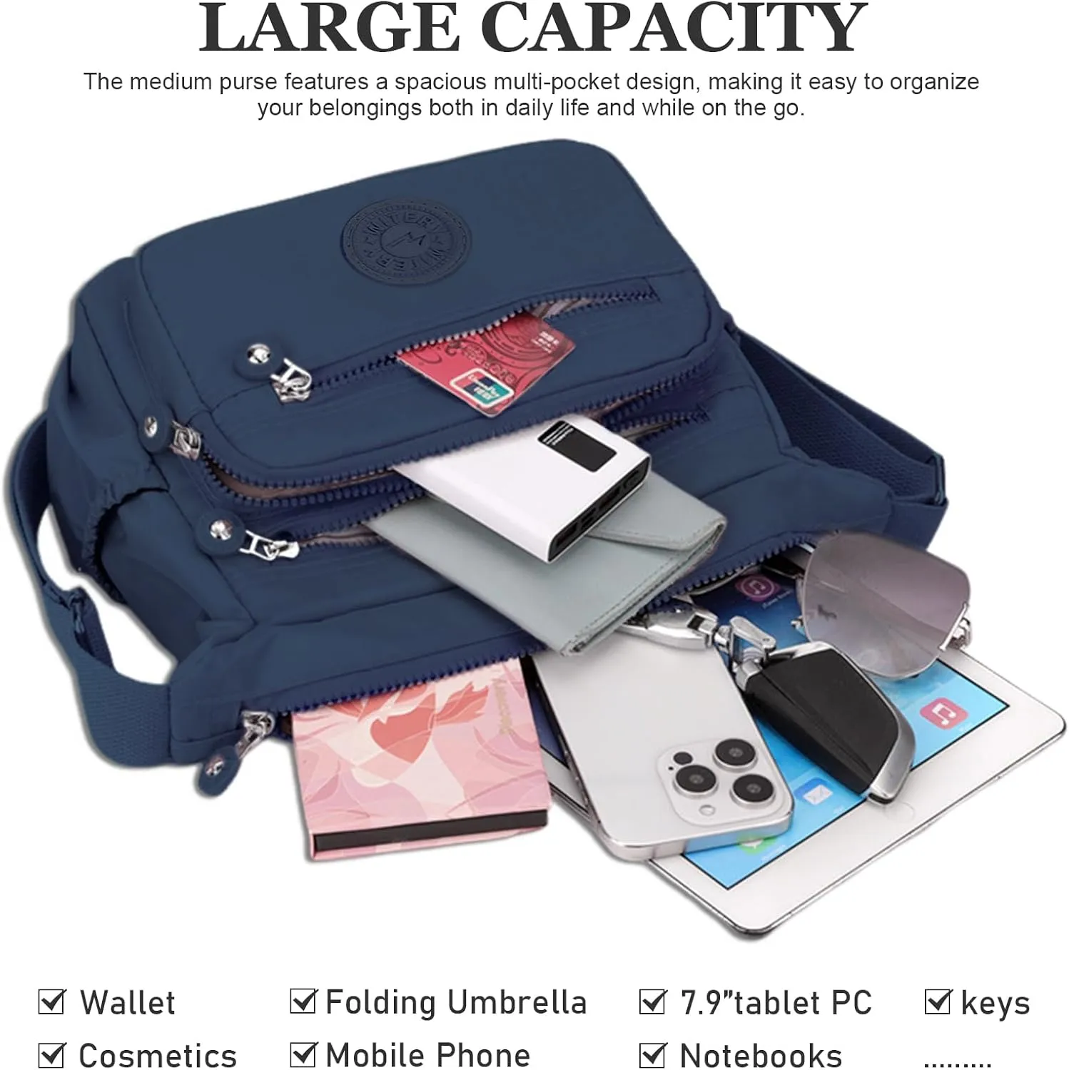 WITERY Nylon Crossboby Bag for Women - Waterproof Zipper Multi-pocket Travel Shoulder Bag Purse, Lightweight Messenger Bag