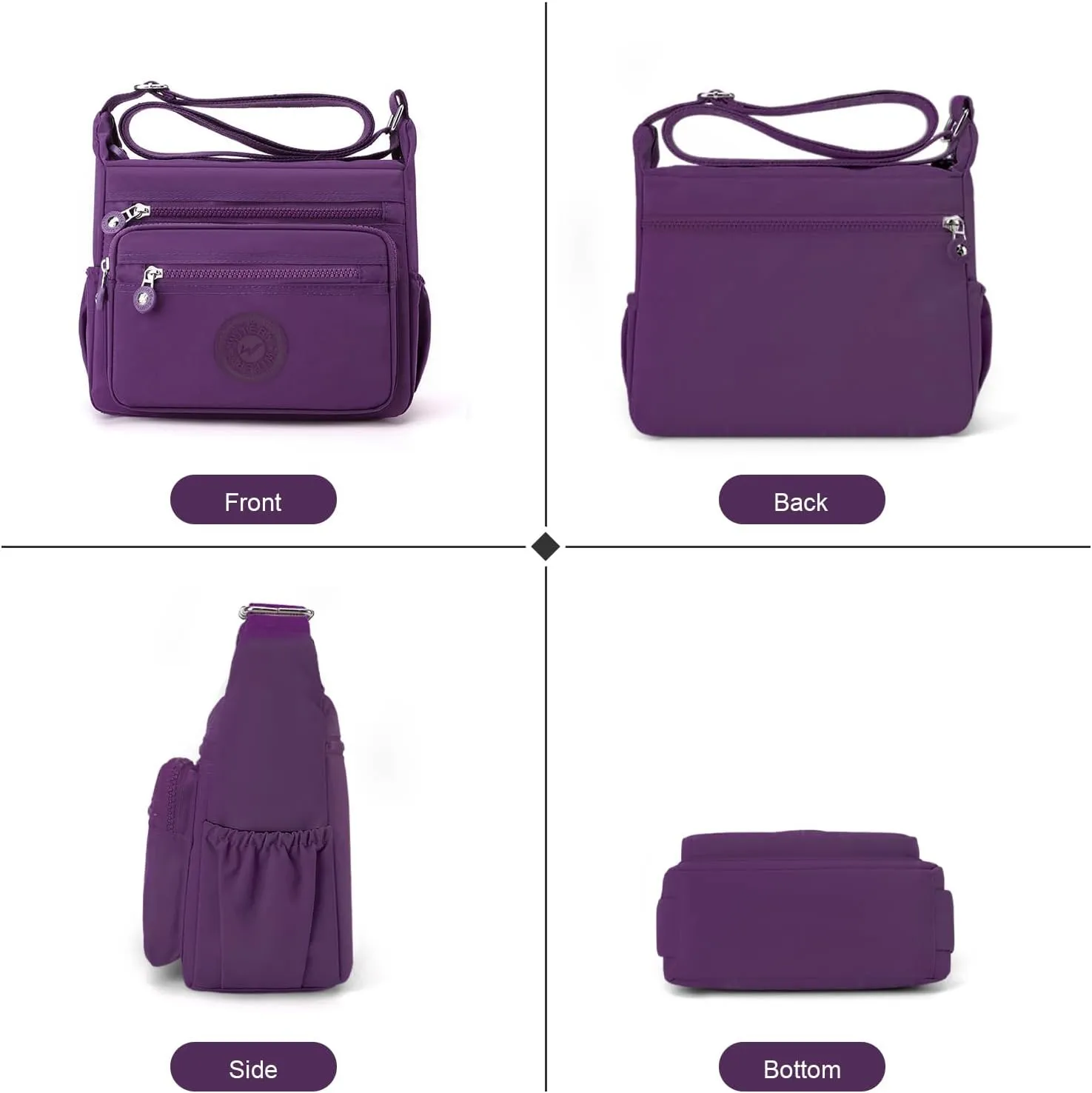 WITERY Nylon Crossboby Bag for Women - Waterproof Zipper Multi-pocket Travel Shoulder Bag Purse, Lightweight Messenger Bag