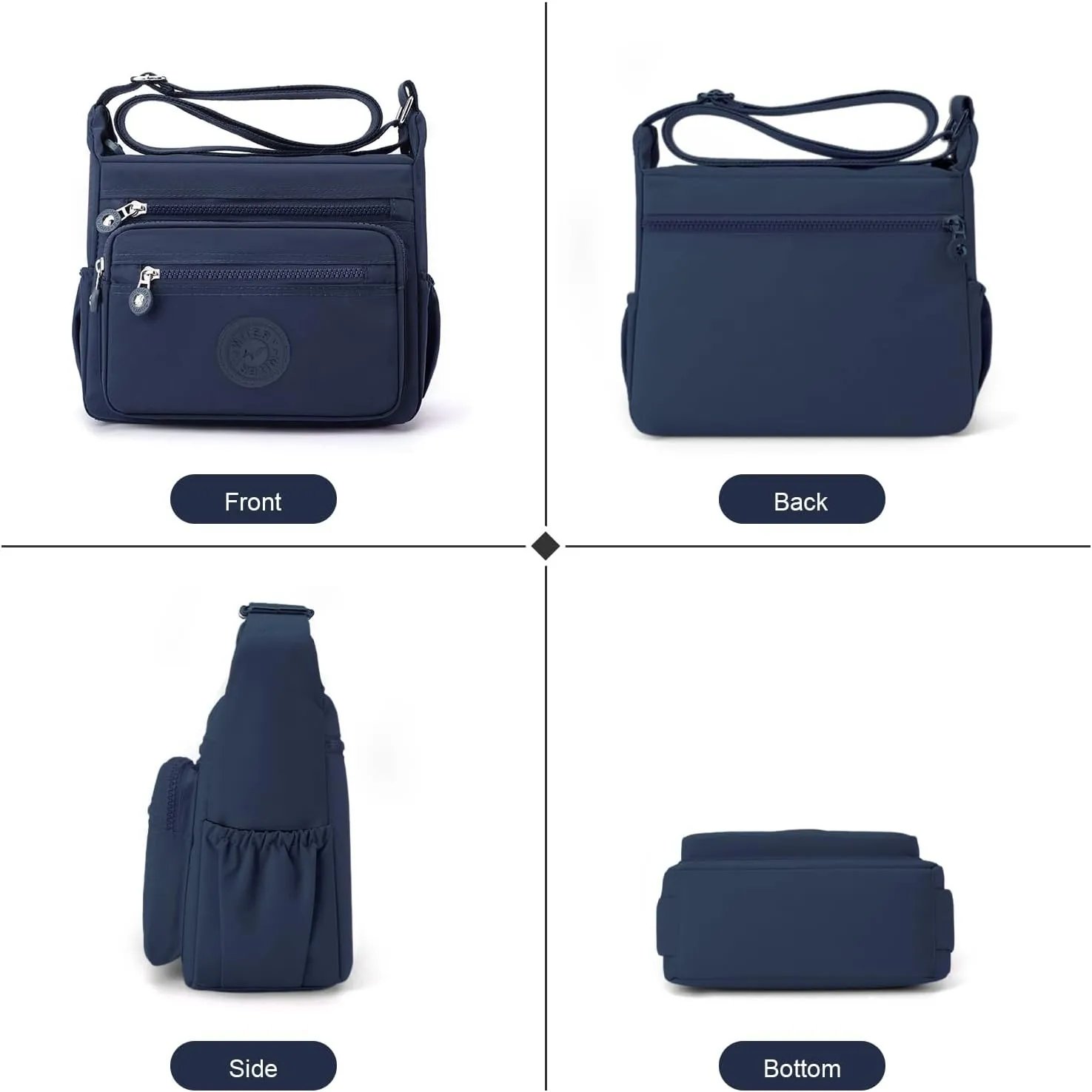 WITERY Nylon Crossboby Bag for Women - Waterproof Zipper Multi-pocket Travel Shoulder Bag Purse, Lightweight Messenger Bag