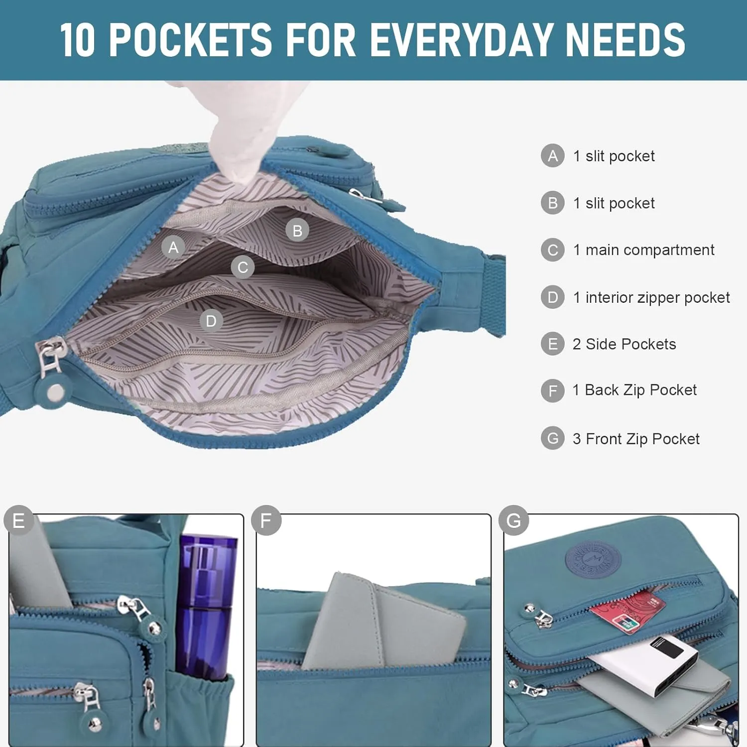 WITERY Nylon Crossboby Bag for Women - Waterproof Zipper Multi-pocket Travel Shoulder Bag Purse, Lightweight Messenger Bag