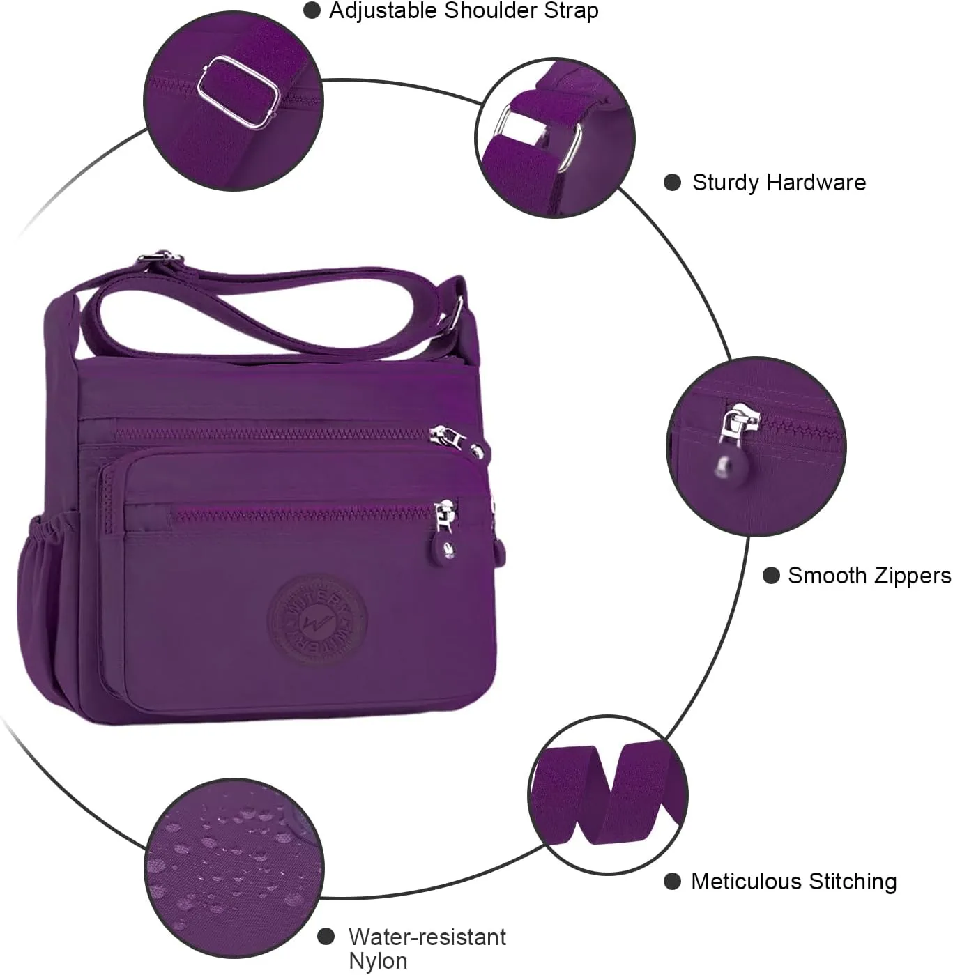 WITERY Nylon Crossboby Bag for Women - Waterproof Zipper Multi-pocket Travel Shoulder Bag Purse, Lightweight Messenger Bag