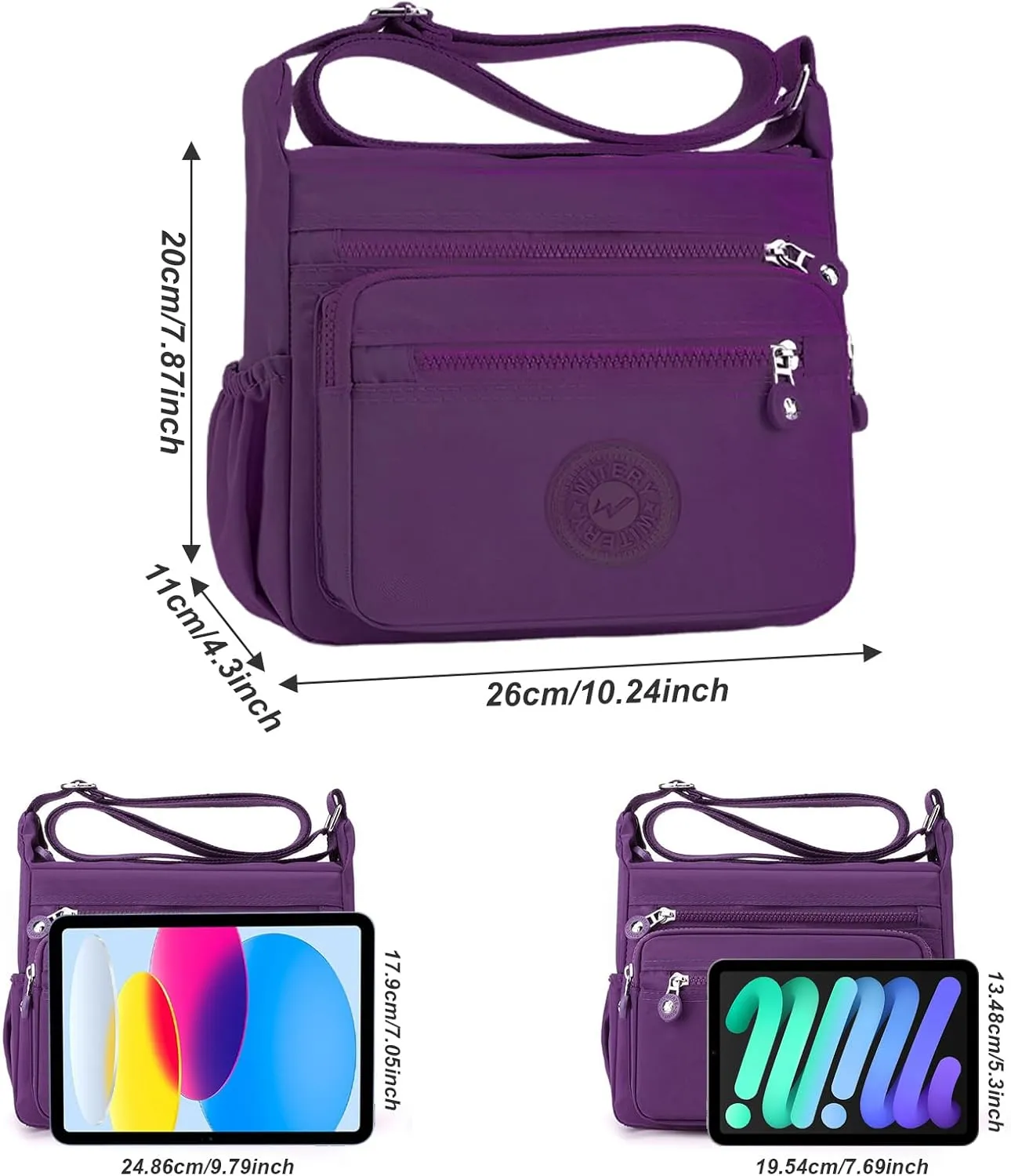WITERY Nylon Crossboby Bag for Women - Waterproof Zipper Multi-pocket Travel Shoulder Bag Purse, Lightweight Messenger Bag