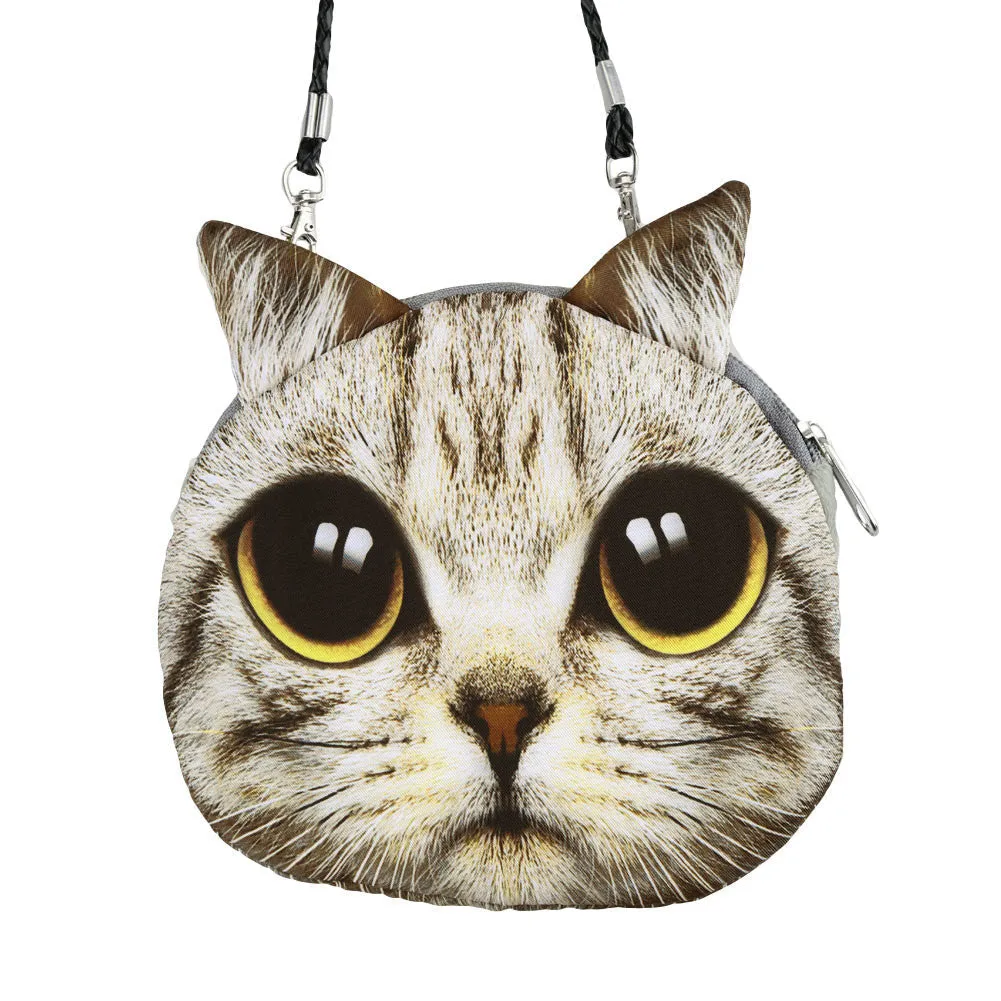 Women Cute Shoulder Bag Cat Face Pouch Bag Cartoon Print Zipper Closure Messenger Bag Coin Purse Clutch Bag