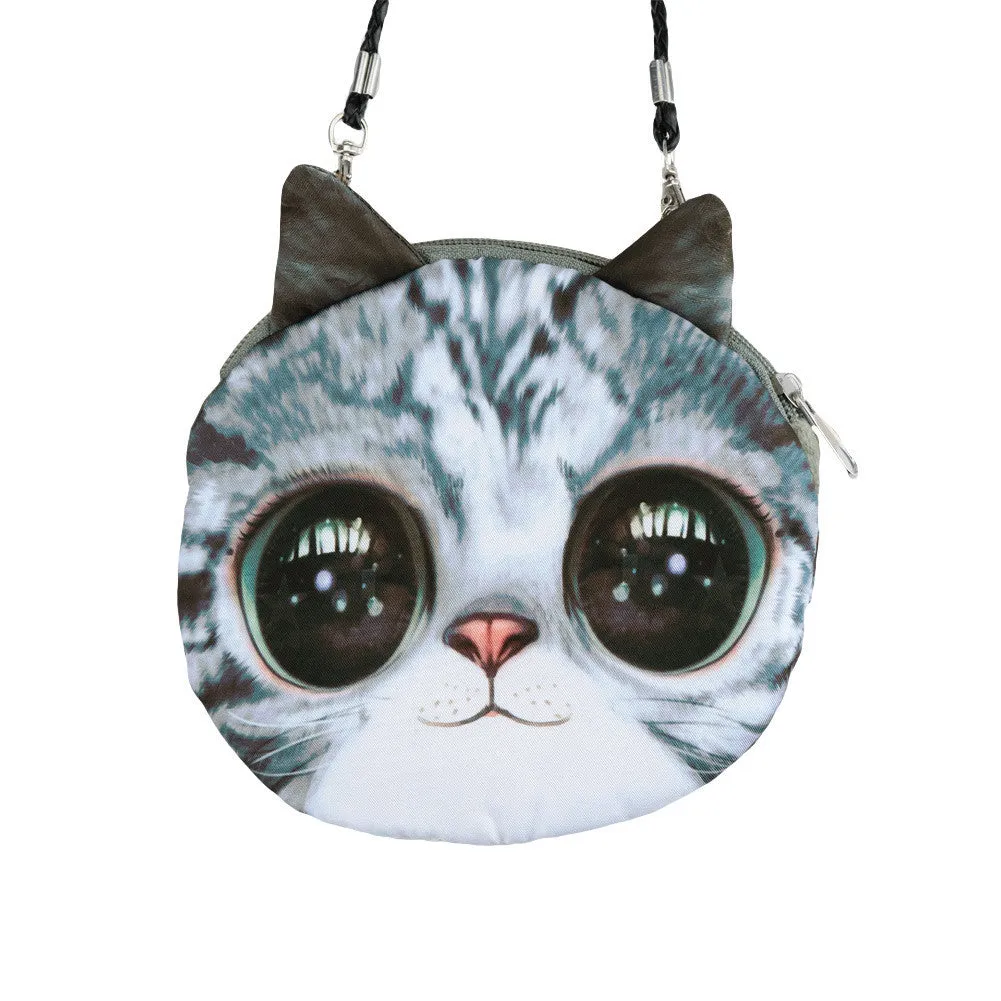 Women Cute Shoulder Bag Cat Face Pouch Bag Cartoon Print Zipper Closure Messenger Bag Coin Purse Clutch Bag