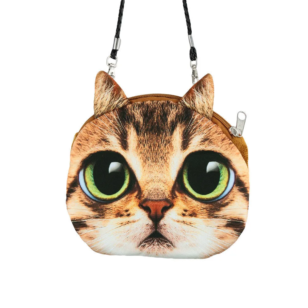Women Cute Shoulder Bag Cat Face Pouch Bag Cartoon Print Zipper Closure Messenger Bag Coin Purse Clutch Bag
