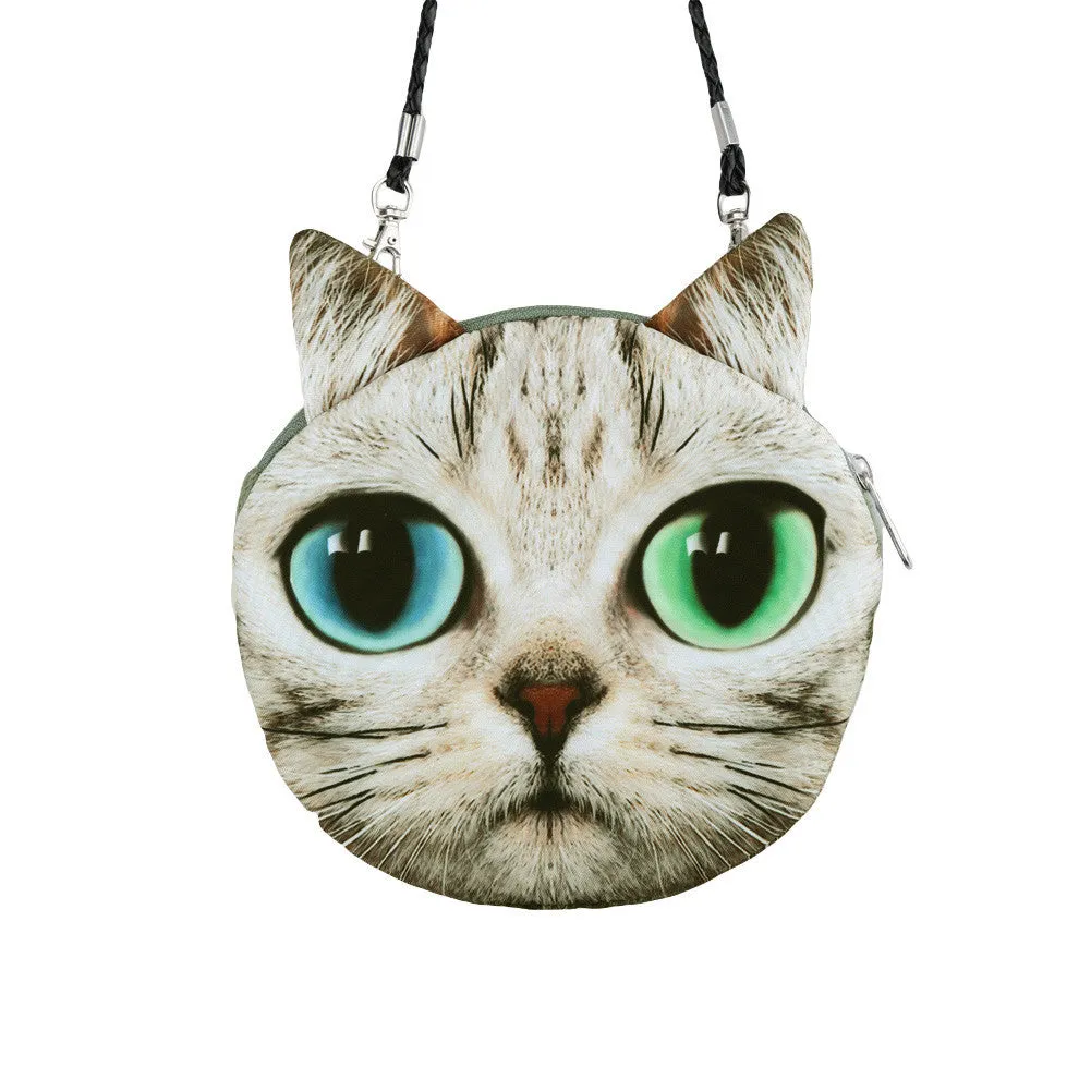 Women Cute Shoulder Bag Cat Face Pouch Bag Cartoon Print Zipper Closure Messenger Bag Coin Purse Clutch Bag