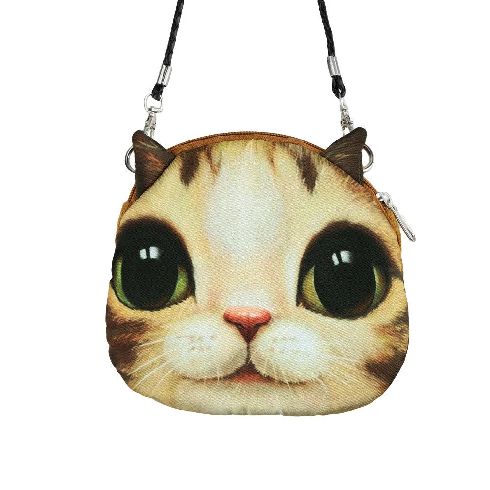 Women Cute Shoulder Bag Cat Face Pouch Bag Cartoon Print Zipper Closure Messenger Bag Coin Purse Clutch Bag