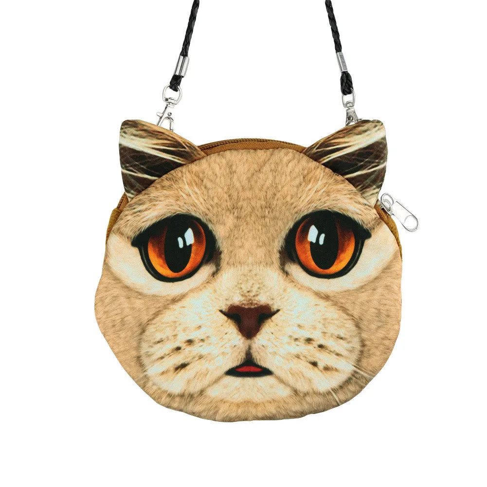 Women Cute Shoulder Bag Cat Face Pouch Bag Cartoon Print Zipper Closure Messenger Bag Coin Purse Clutch Bag