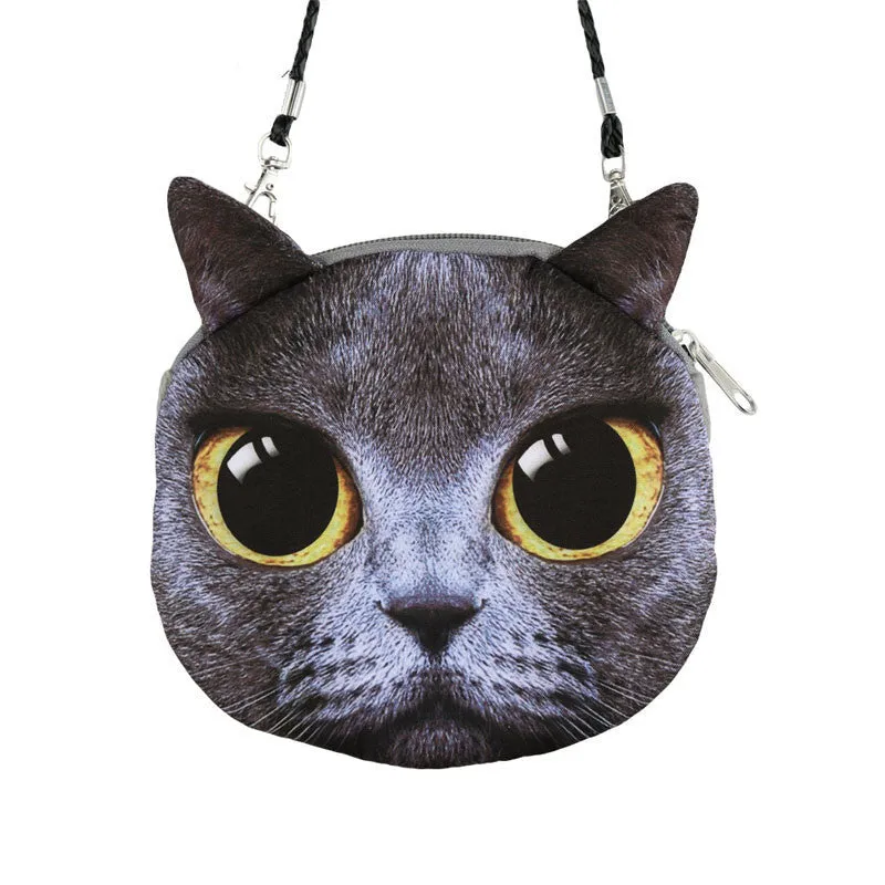 Women Cute Shoulder Bag Cat Face Pouch Bag Cartoon Print Zipper Closure Messenger Bag Coin Purse Clutch Bag