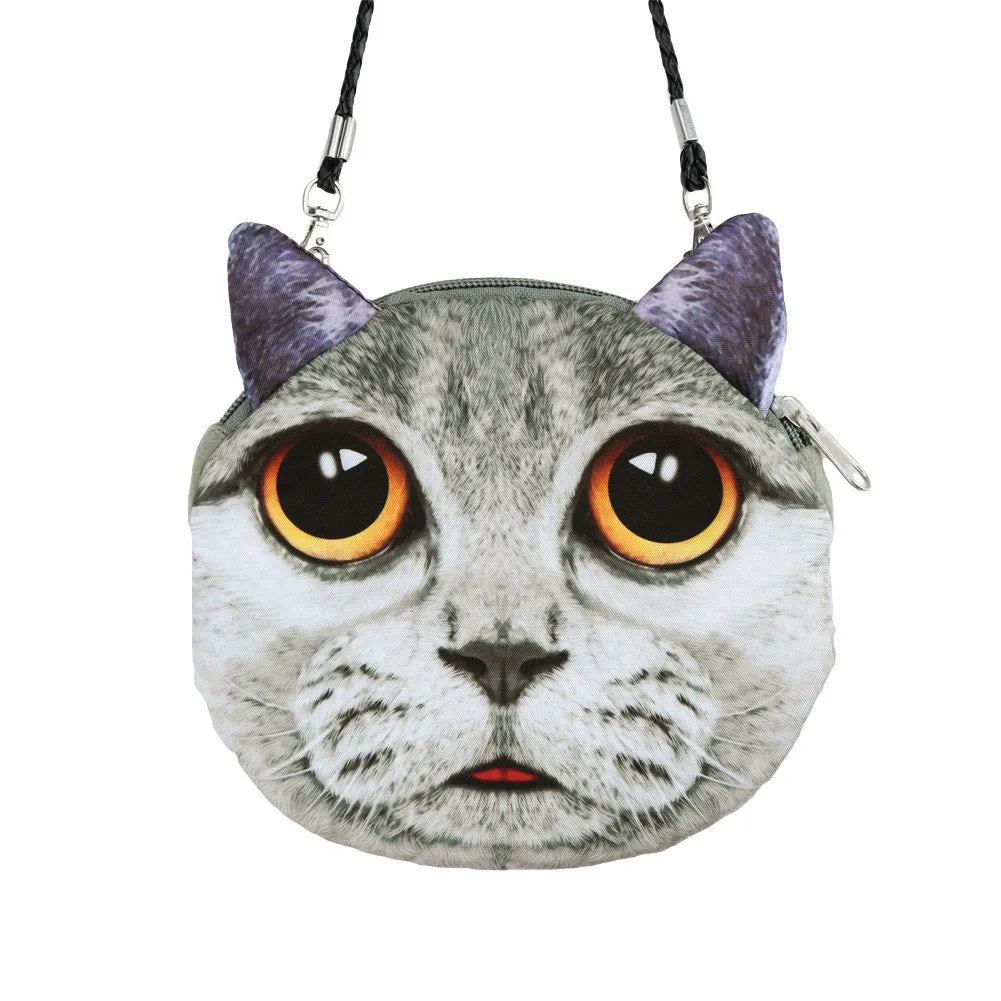 Women Cute Shoulder Bag Cat Face Pouch Bag Cartoon Print Zipper Closure Messenger Bag Coin Purse Clutch Bag