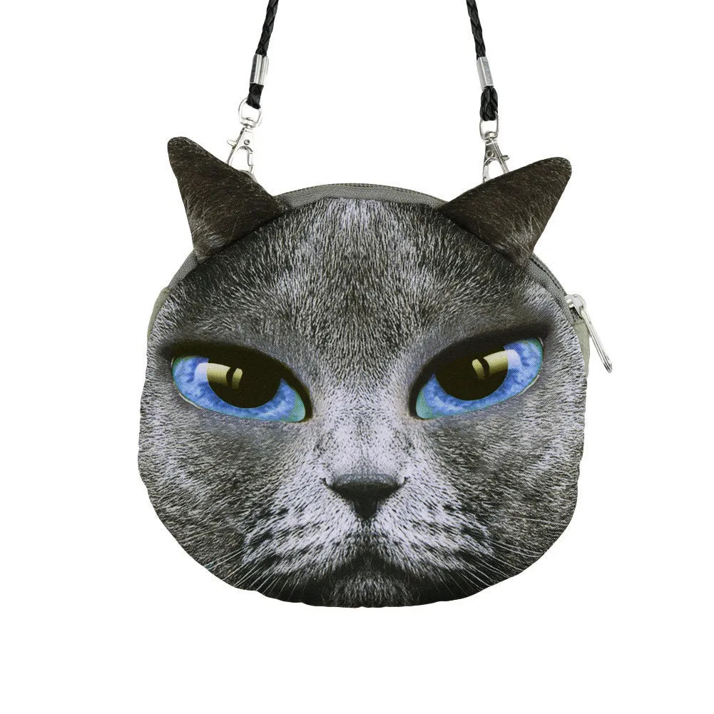Women Cute Shoulder Bag Cat Face Pouch Bag Cartoon Print Zipper Closure Messenger Bag Coin Purse Clutch Bag