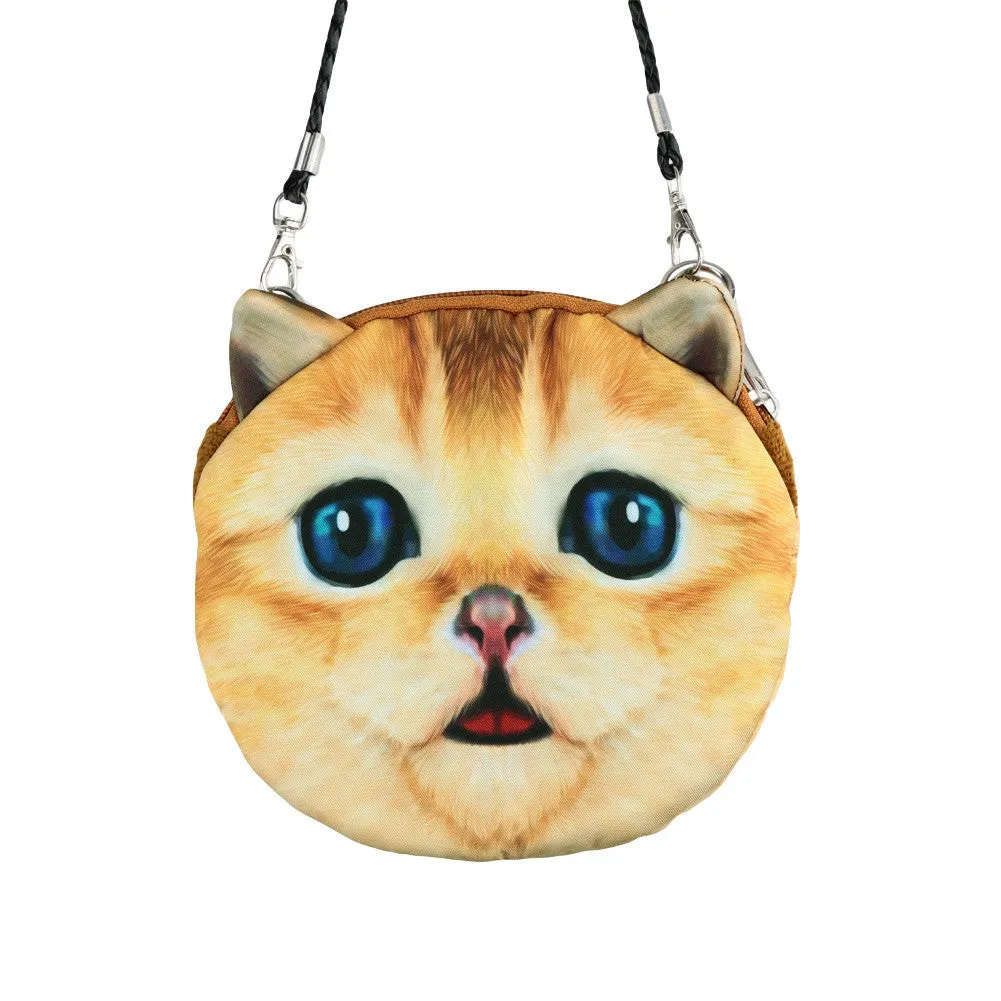 Women Cute Shoulder Bag Cat Face Pouch Bag Cartoon Print Zipper Closure Messenger Bag Coin Purse Clutch Bag