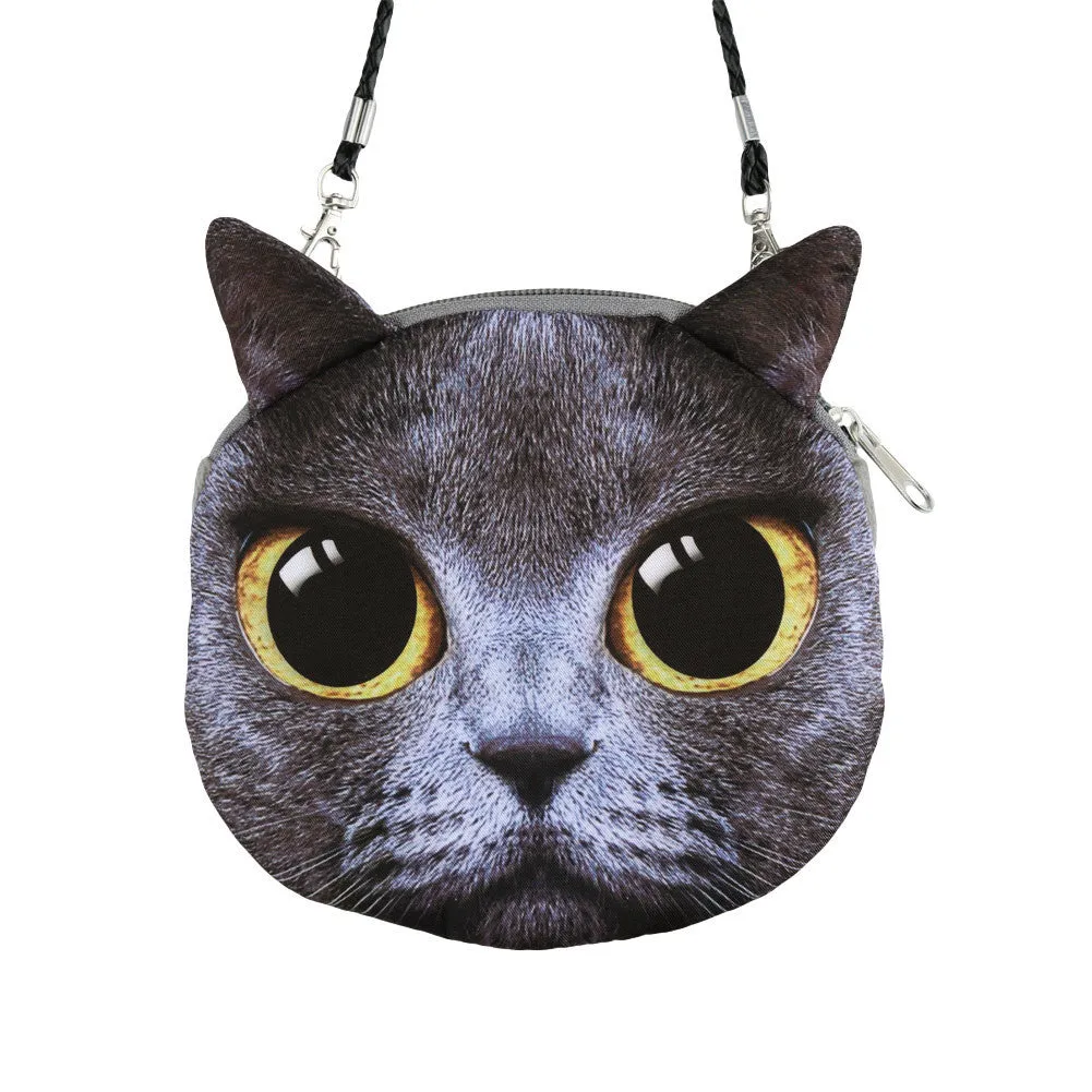 Women Cute Shoulder Bag Cat Face Pouch Bag Cartoon Print Zipper Closure Messenger Bag Coin Purse Clutch Bag