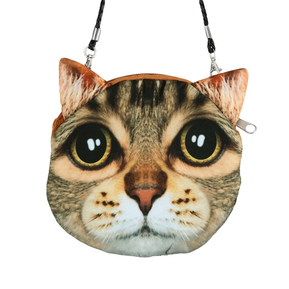Women Cute Shoulder Bag Cat Face Pouch Bag Cartoon Print Zipper Closure Messenger Bag Coin Purse Clutch Bag