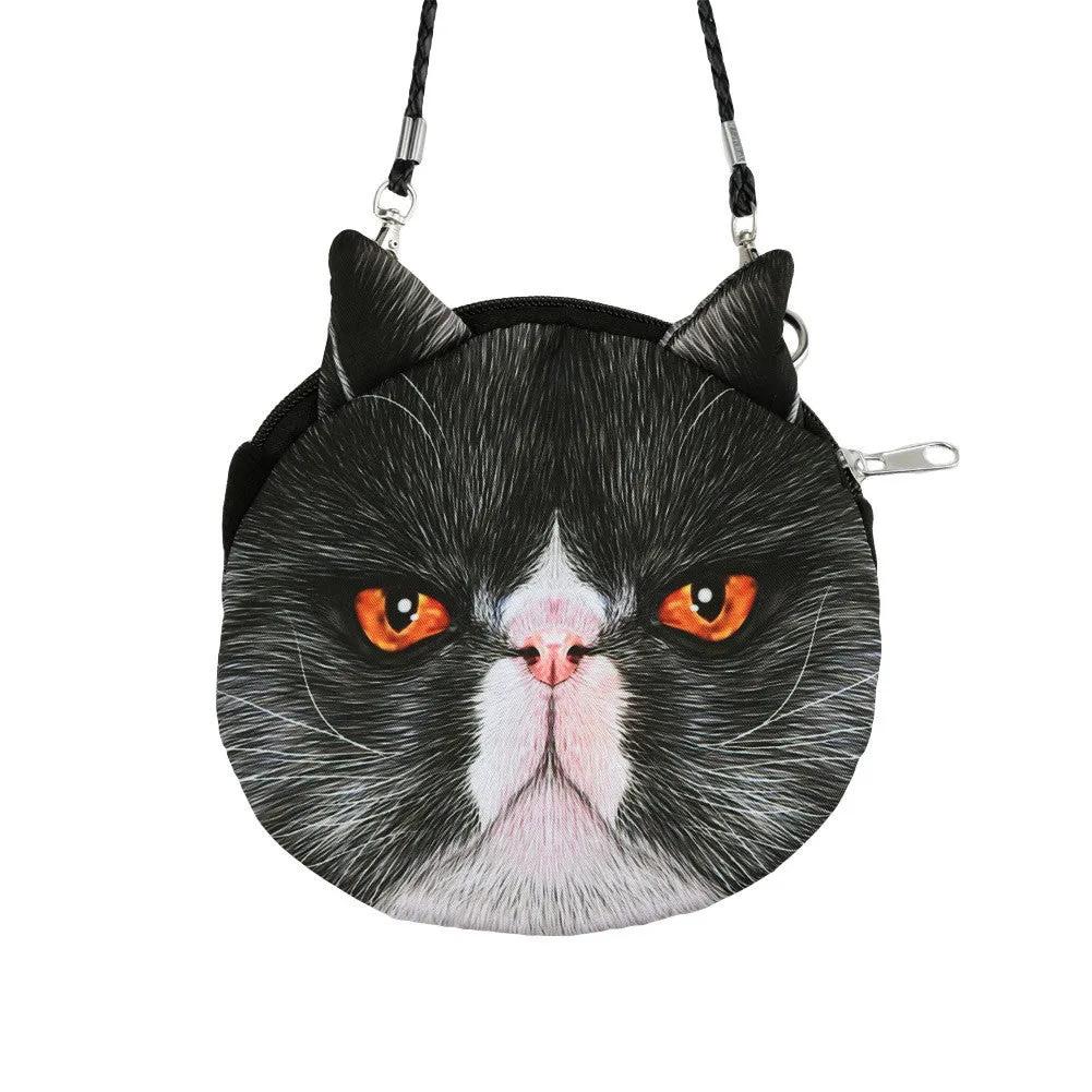 Women Cute Shoulder Bag Cat Face Pouch Bag Cartoon Print Zipper Closure Messenger Bag Coin Purse Clutch Bag