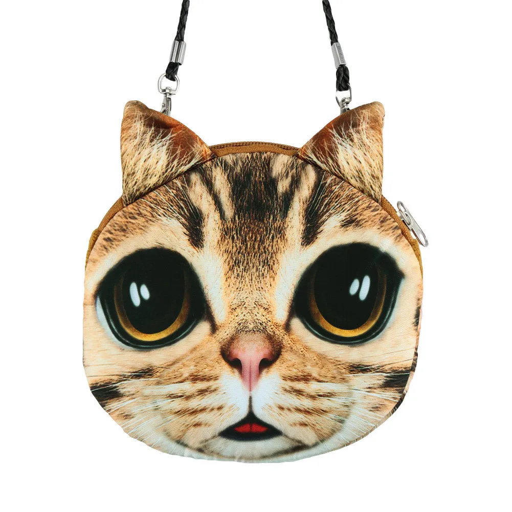 Women Cute Shoulder Bag Cat Face Pouch Bag Cartoon Print Zipper Closure Messenger Bag Coin Purse Clutch Bag