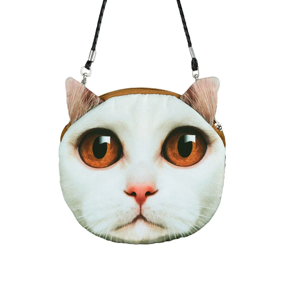 Women Cute Shoulder Bag Cat Face Pouch Bag Cartoon Print Zipper Closure Messenger Bag Coin Purse Clutch Bag