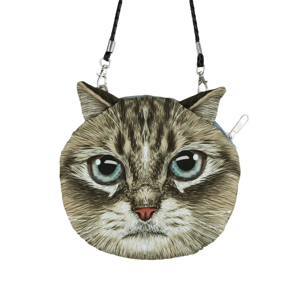 Women Cute Shoulder Bag Cat Face Pouch Bag Cartoon Print Zipper Closure Messenger Bag Coin Purse Clutch Bag