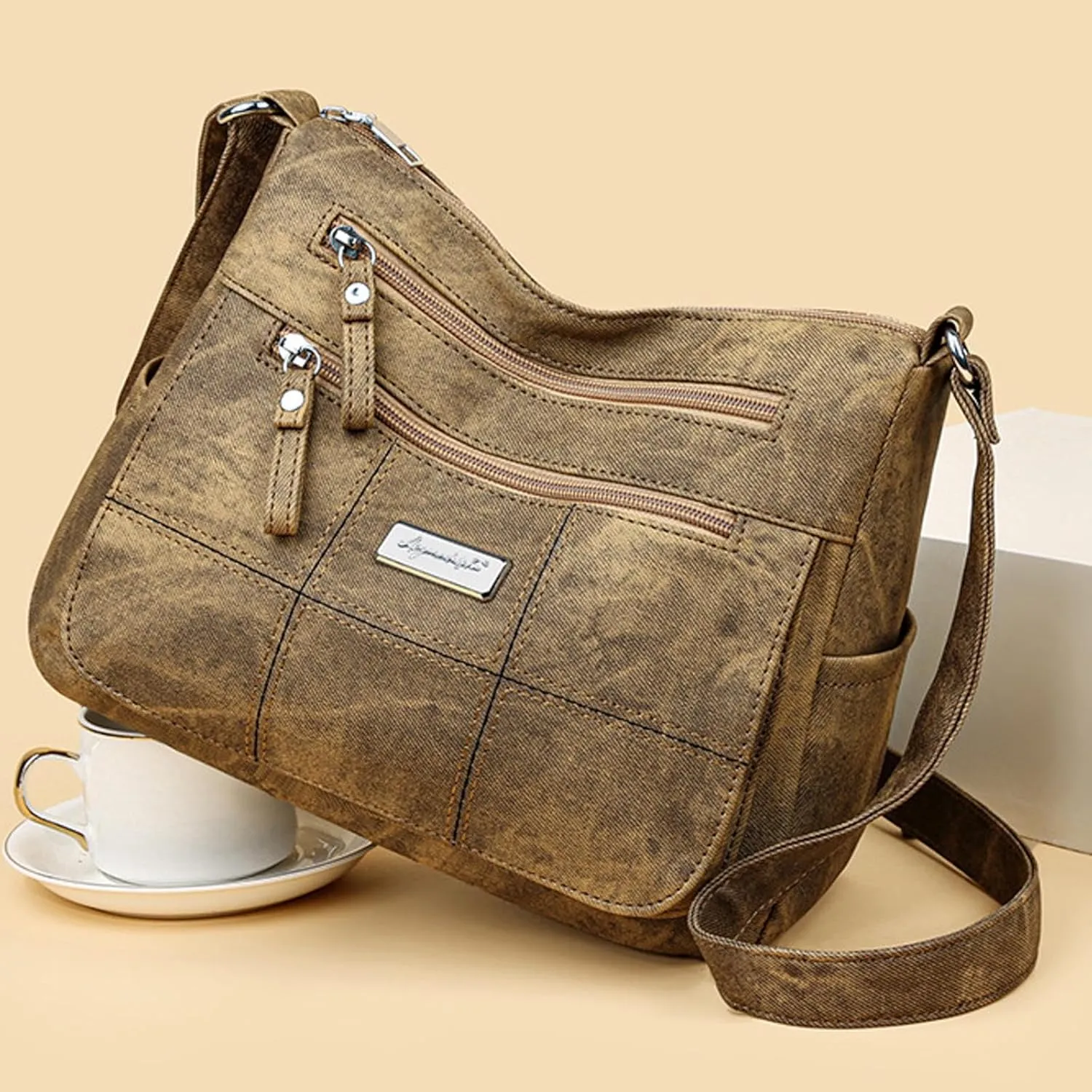 Women Shoulder Bag Fashionable New Pattern Simple Solid Color Retro Practical Large Capacity Zipper (Yellow, One Size)