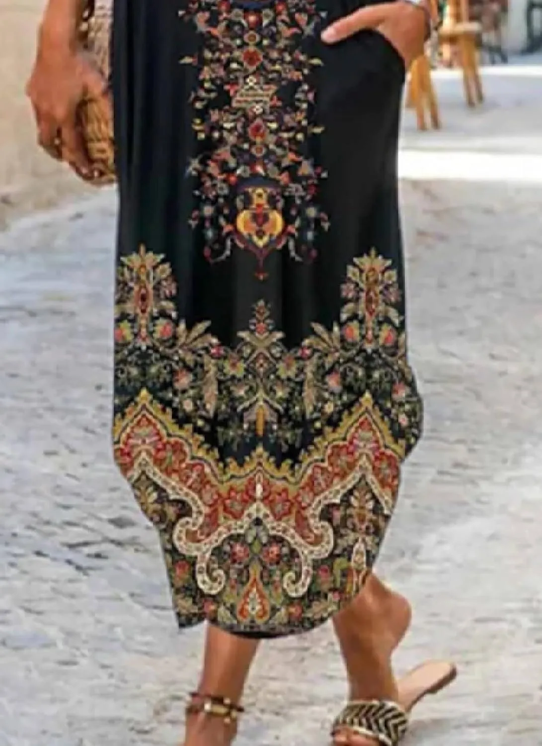 Womens Boho Short Sleeve Print Long Dress Round Neck Shift Summer Stroll Dresses with Pockets