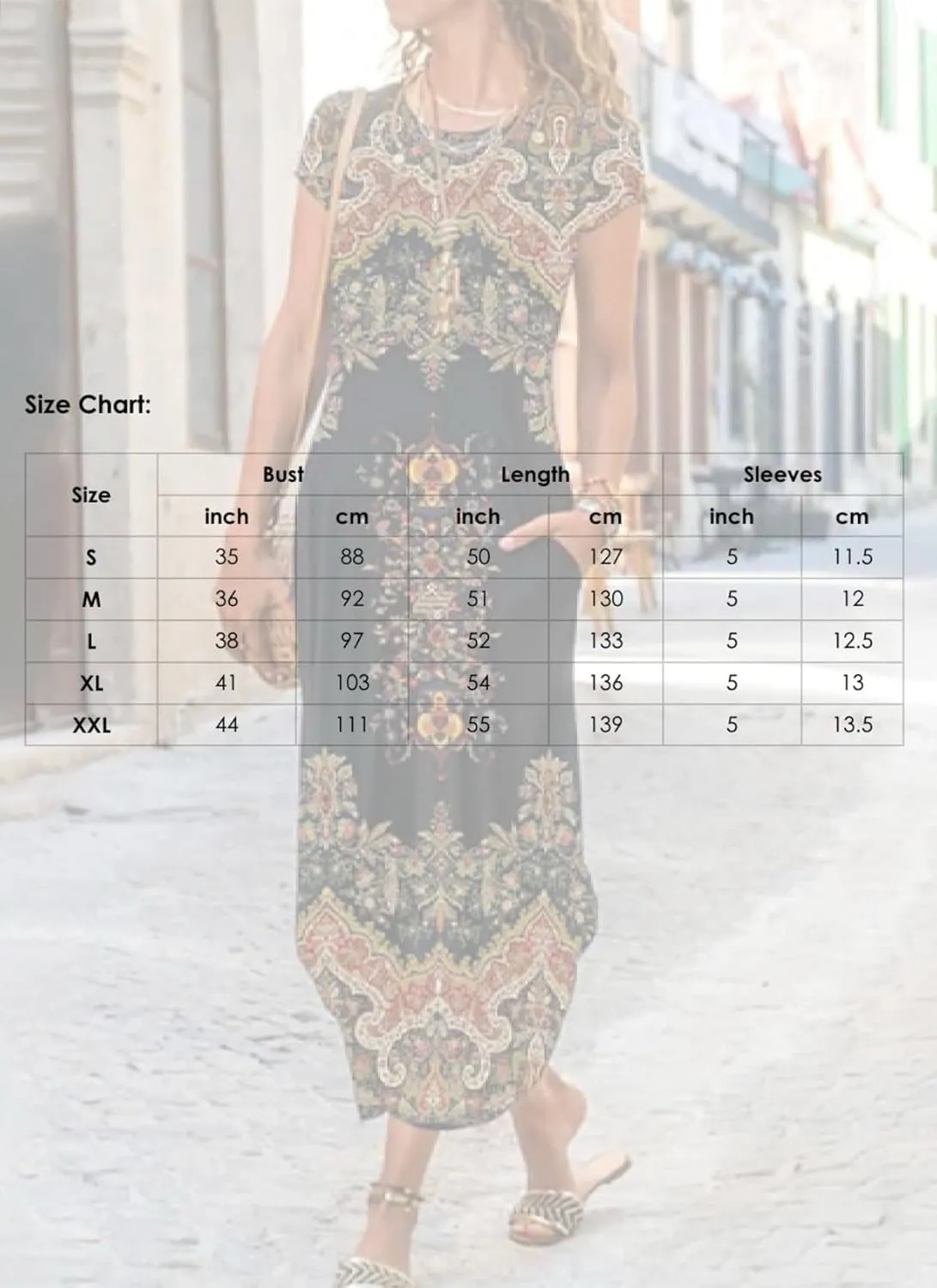 Womens Boho Short Sleeve Print Long Dress Round Neck Shift Summer Stroll Dresses with Pockets