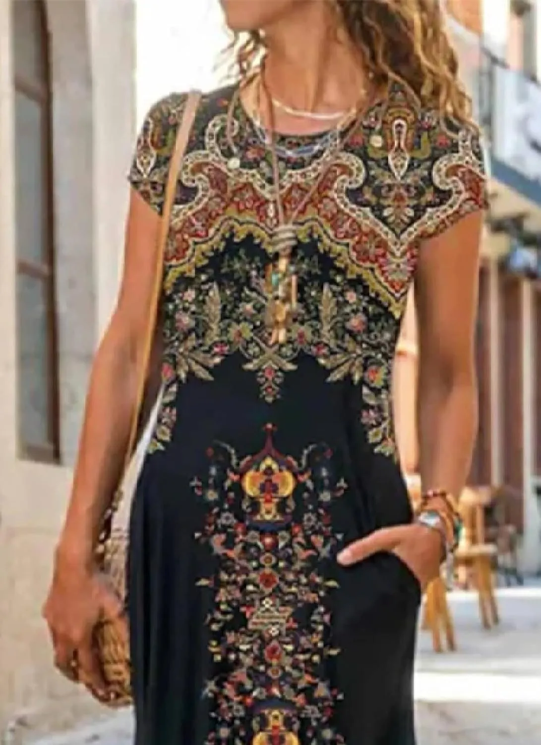 Womens Boho Short Sleeve Print Long Dress Round Neck Shift Summer Stroll Dresses with Pockets