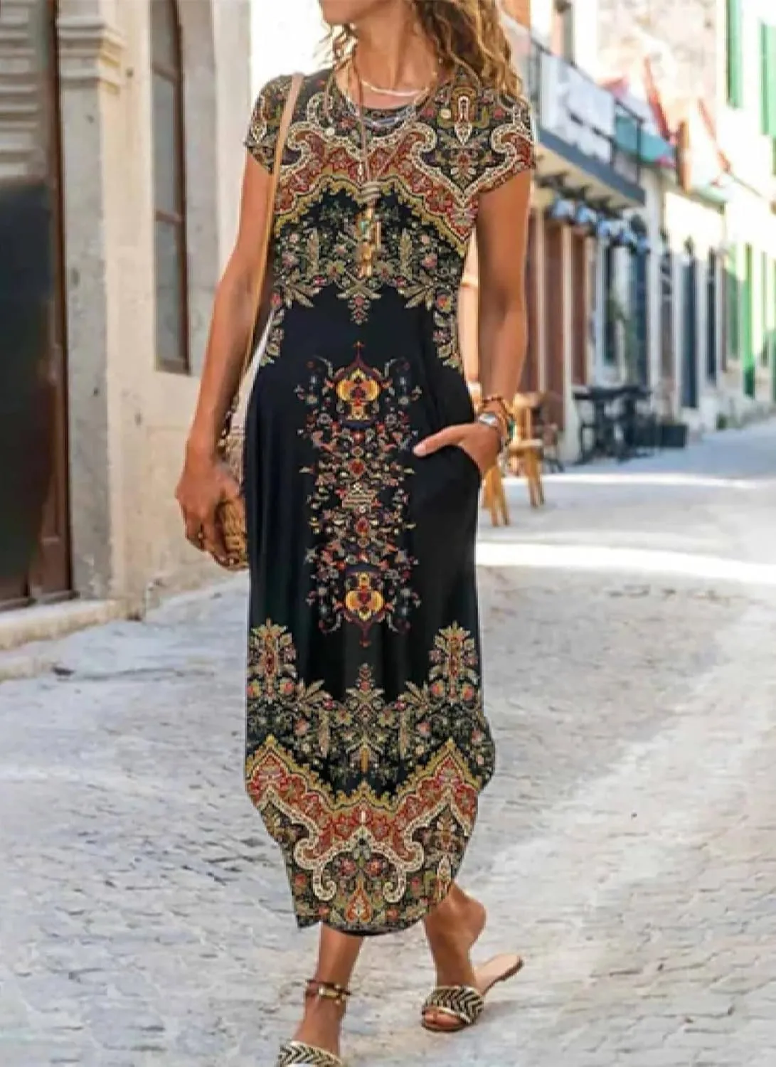 Womens Boho Short Sleeve Print Long Dress Round Neck Shift Summer Stroll Dresses with Pockets