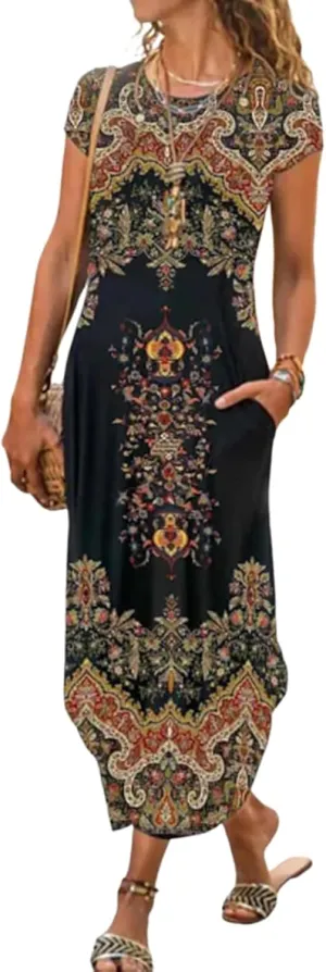Womens Boho Short Sleeve Print Long Dress Round Neck Shift Summer Stroll Dresses with Pockets