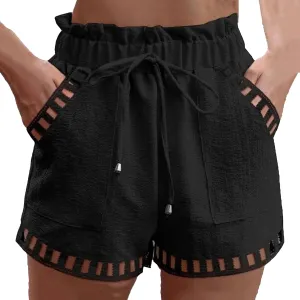 Women's Linen Beach Shorts with Pockets, Breathable Hollow Out Drawstring Wide Leg Shorts Lightweight Yoga Running Shorts Black L