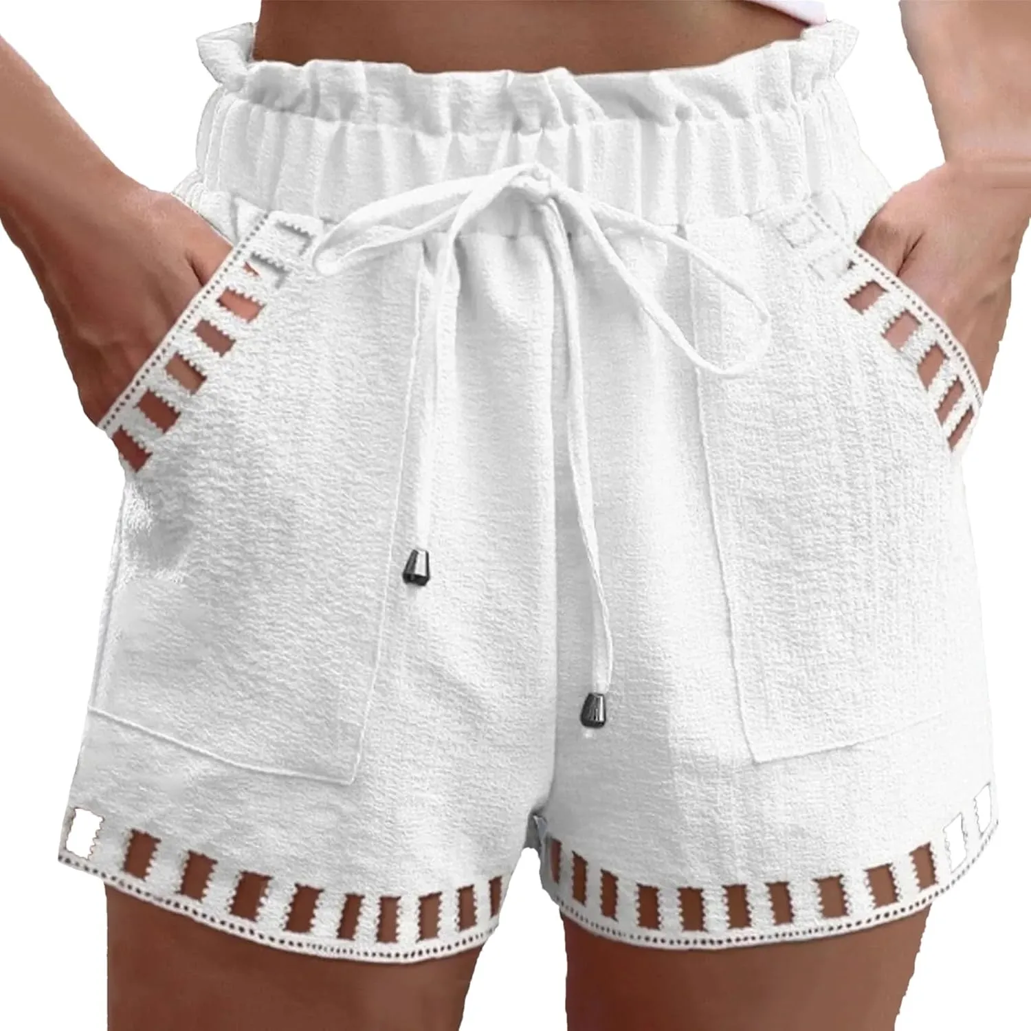 Women's Linen Beach Shorts with Pockets, Breathable Hollow Out Drawstring Wide Leg Shorts Lightweight Yoga Running Shorts White L