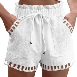 Women's Linen Beach Shorts with Pockets, Breathable Hollow Out Drawstring Wide Leg Shorts Lightweight Yoga Running Shorts White M