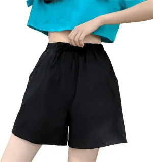 Women's Linen Beach Shorts with Pockets High Waist Wide Leg Gym Workout Shorts Elastic Waistband Summer Beach Cotton Shorts Black S