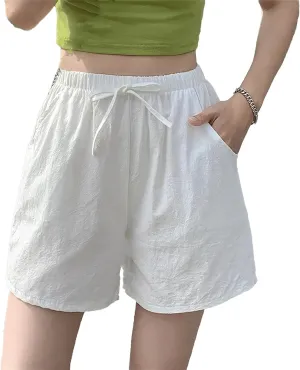 Women's Linen Beach Shorts with Pockets High Waist Wide Leg Gym Workout Shorts Elastic Waistband Summer Beach Cotton Shorts White S