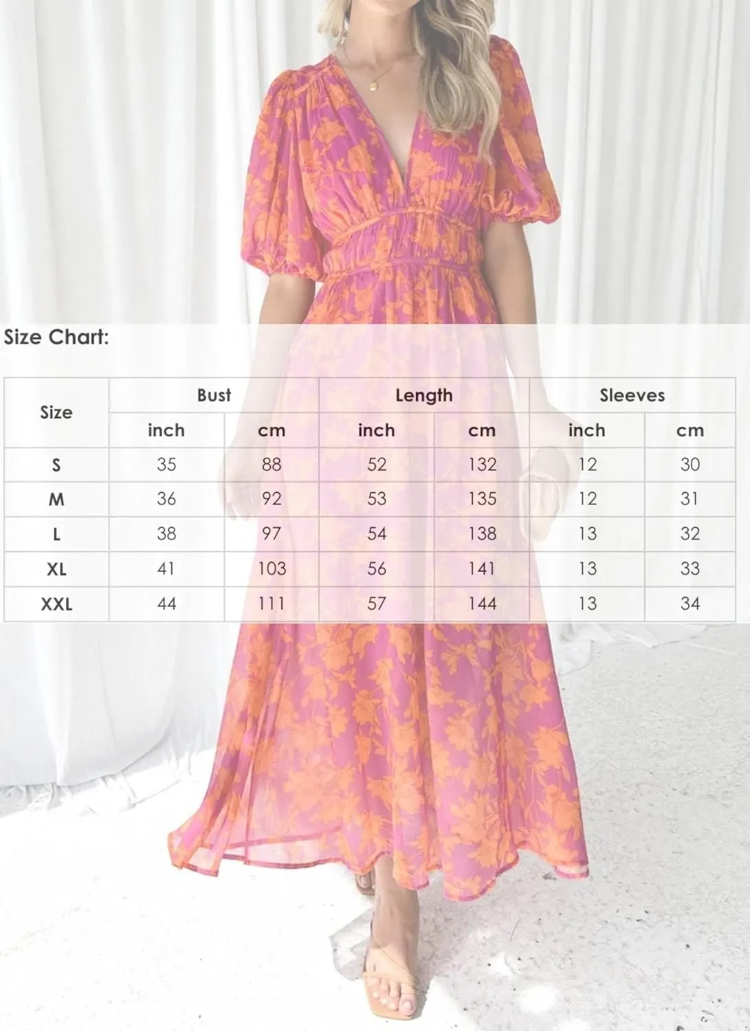Women's Summer Floral Dress V-Neck Puff Sleeves Cinched Waist Flowy Casual Party Wedding Guest Maxi Dress