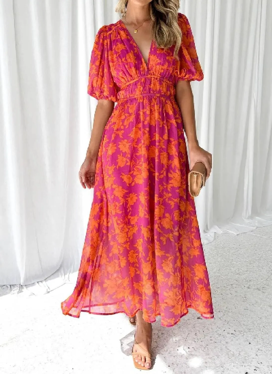 Women's Summer Floral Dress V-Neck Puff Sleeves Cinched Waist Flowy Casual Party Wedding Guest Maxi Dress