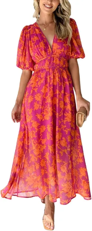 Women's Summer Floral Dress V-Neck Puff Sleeves Cinched Waist Flowy Casual Party Wedding Guest Maxi Dress
