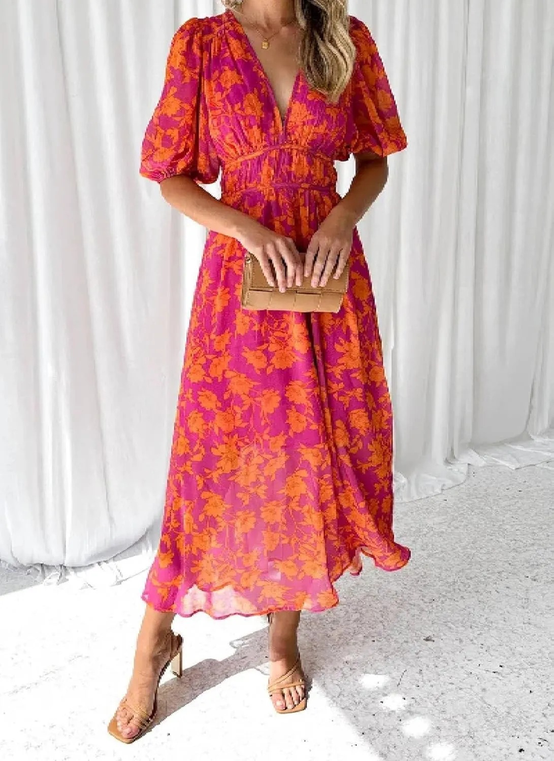 Women's Summer Floral Dress V-Neck Puff Sleeves Cinched Waist Flowy Casual Party Wedding Guest Maxi Dress
